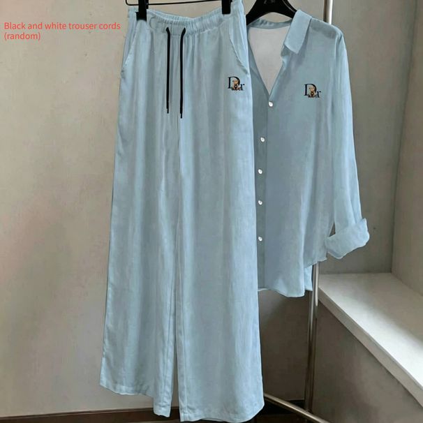 Cotton And Linen Light Blue Women's Tencel Suit Cotton And Linen Slimming Casual Shirt And Wide Leg Pants Summer Fashion 1688 Factory Direct Wholesale_ecoleips.com