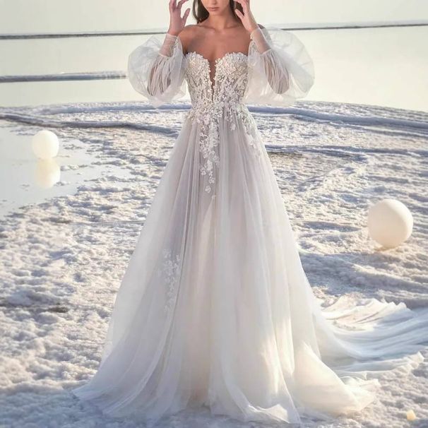 New Style Slimming Lace Long Sleeved Backless Wedding Dress Sheer Mesh Short Train For Travel Photography Women's Clothing_ecoleips.com