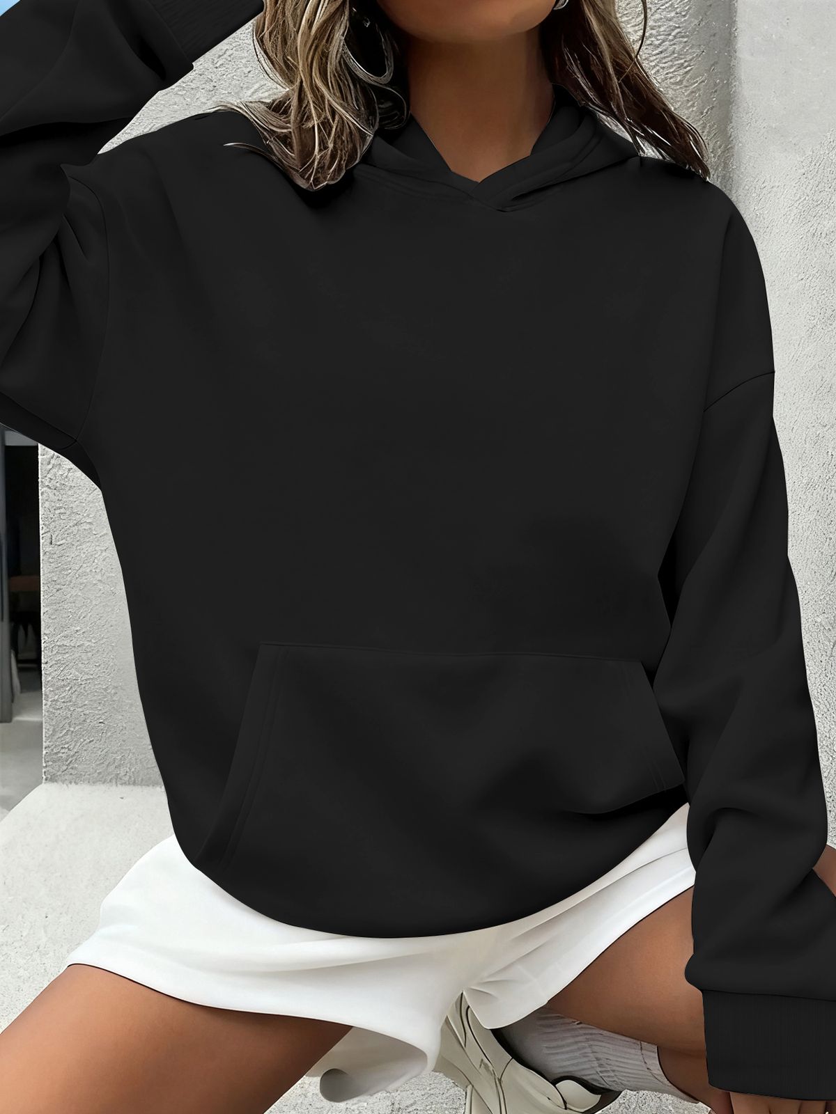 Women's Minimalist Solid Fleece Hoodie With Kangaroo Pocket, Loose Soft Long Sleeve Top For Autumn Winter Indoor Reading & Outdoor Walks 5Color_ecoleips.com