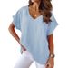 Women's V Neck Short Sleeve T-Shirt Solid Color Cotton Linen Blend Spring Summer Casual Wear Bat Style_ecoleips.com
