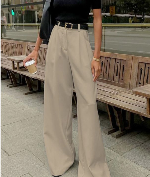 White High-Waisted Commuter Suit Pants Women's Fashionable Casual Loose Floor-Length Trousers Versatile Simple Design_ecoleips.com