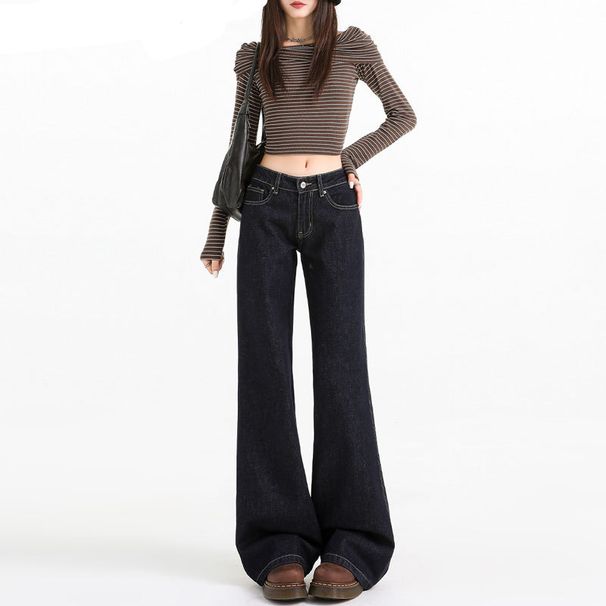 Women's American Style Dark Blue Flared Jeans Straight Leg Loose Fit plus Size Retro Low Waist Slimming Wide Leg Floor Length_ecoleips.com