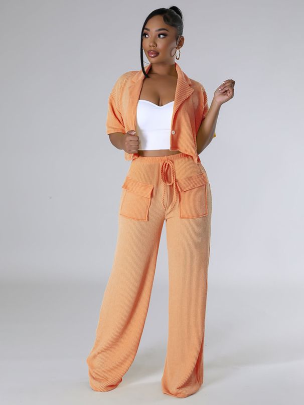 Women's Clothing Summer Fashion Elegant Short Sleeved Button Shirt Collar Top Pocket Tie Suit_ecoleips.com