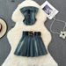Women's Clothing Retro Denim Suit Feminine Hottie Top Anti Exposure A Line Hottie Pleated Skirt Two Piece Suit_ecoleips.com