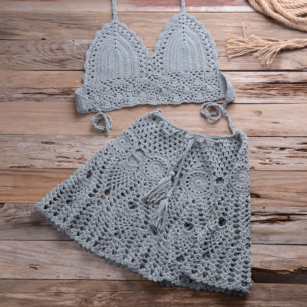 Women's Clothing Hand Hook Bikini Chest Wrap With Sexy All Match Hollow Pleated Skirt Split Swimsuit _ecoleips.com