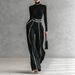 Autumn Winter Two Piece Set Women's Elegant Stand Up Collar Long Sleeve Knit Top Wide Leg Pants Contrast Color Slimming Waist_ecoleips.com