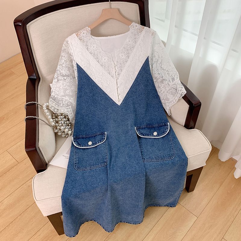 Women's Clothing Plus Size Women's V Neck Lace Stitching Denim Dress XX2522_ecoleips.com