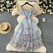 Women's Clothing Tea Break Retro Gentle Style Floral Chiffon Dress Female Waist Temperament One Shoulder Puff Sleeve Mesh Skirt_ecoleips.com
