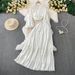 Women's Clothing Elegant Lace Trim Blouse With Lantern Sleeves & High-Waist Pleated Midi Skirt Set - Office Chic, Flowy Fit, 3D Embroidery_ecoleips.com