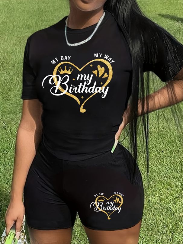 Summer Women's Casual Fashion Birthday Heart Graphic Print Loose T-shirt Shorts Two-piece Set Sportswear Suitable For Daily Wear-150_ecoleips.com