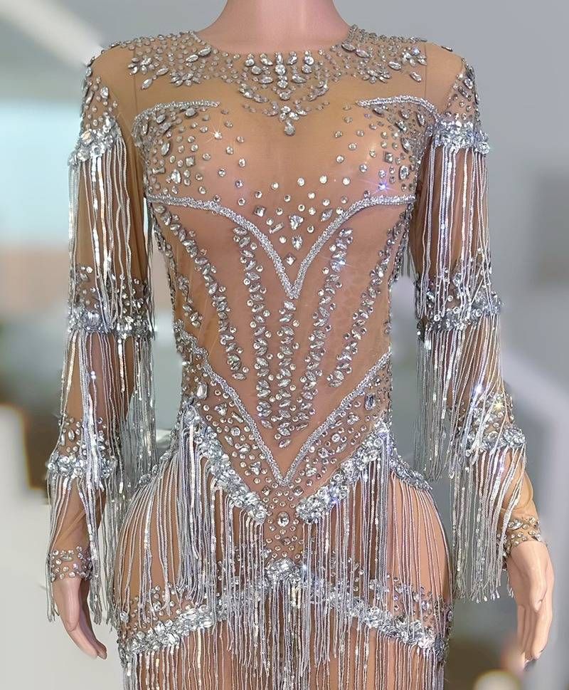 Rhinestone Tassel Faux Sheer Latin Dance Costume Sexy Women's Party Wear For Bars Nightclubs DS Stage Outfits Niche Luxury_ecoleips.com