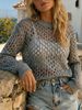Women Lightweight Breathable Hollow Mesh Knit Sweater Crew Neck Oversized Loose Long Sleeve See Through Knit Cover Up_ecoleips.com