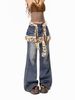 Vintage Leopard Print Fluff Splicing Stacked Fart Curtain Spice Girl Straight Wide Leg Fake Two-piece Jeans_ecoleips.com