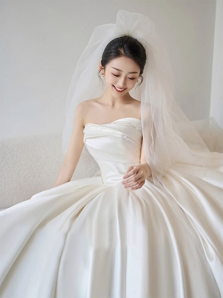 Women's Clothing Strapless Satin Light Main Wedding Dress New Bride High End Texture Retro Dress Petite Outing Dress_ecoleips.com