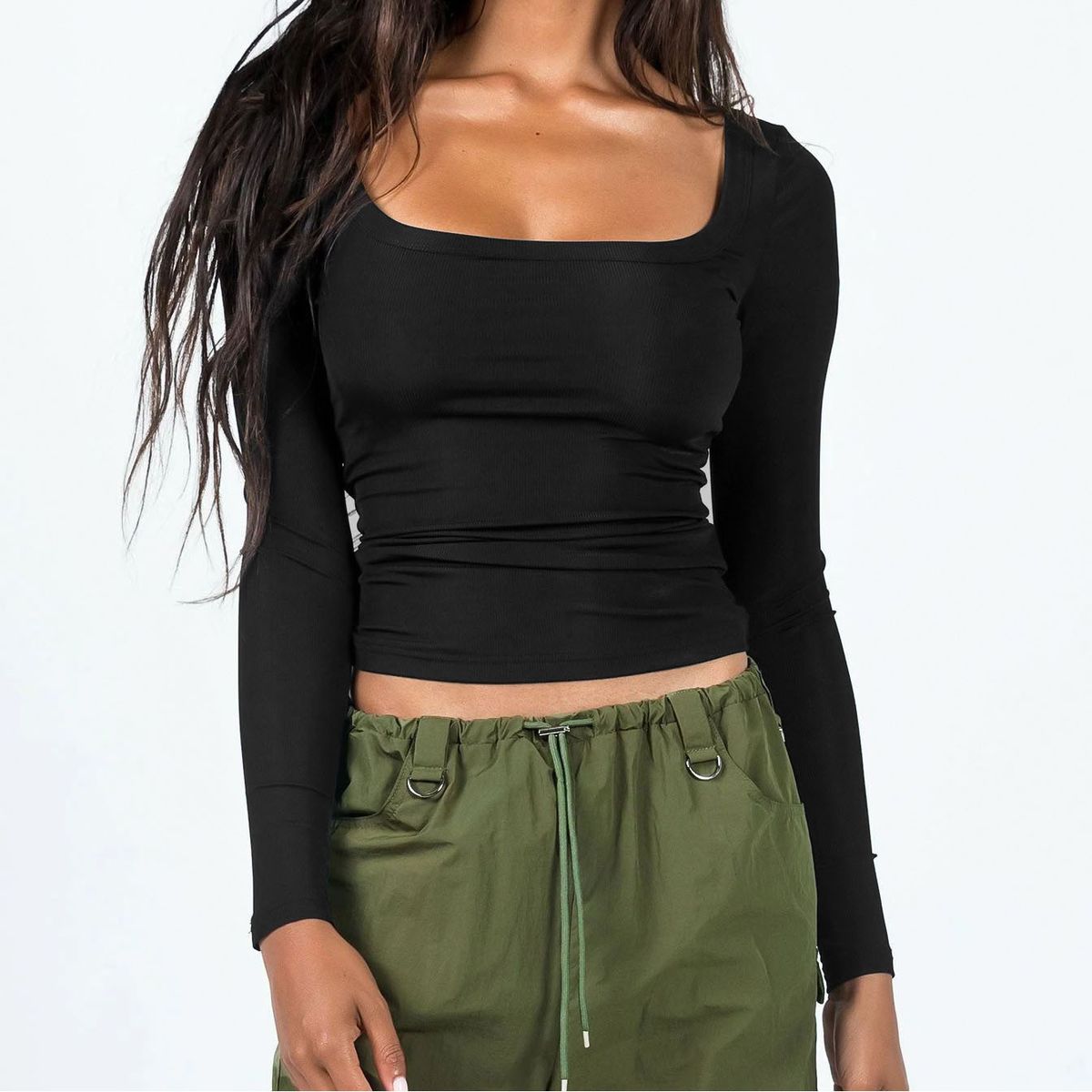 Women's Sexy U-Neck Long Sleeve T-Shirt Slim Fit Stretchy Polyester Blouse For Work & Casual Wear_ecoleips.com