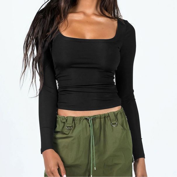 Women's Sexy U-Neck Long Sleeve T-Shirt Slim Fit Stretchy Polyester Blouse For Work & Casual Wear_ecoleips.com