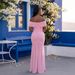 Women's Off-Shoulder Dress Solid Color Side Slit Waist Cinching Pleated Fit Elegant Mesh Patchwork With Metallic Embellishing_ecoleips.com