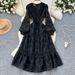 Women's Clothing Floral Lantern Sleeve Dress For Women Spring Hollow Hook Flower V Neck Design Light Luxury Temperament Long Dress_ecoleips.com