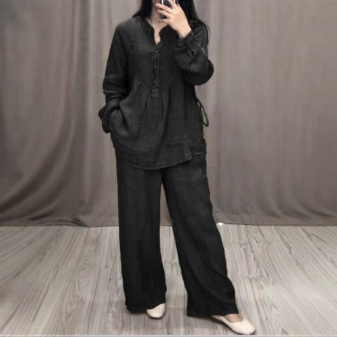 Breathable Linen Long Sleeve Top & Wide-Leg Pants Set – Relaxed & Stylish For Spring & Fall_ecoleips.com