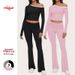 Women's Sexy Off-Shoulder Ribbed Crop Top With Low-Rise Flared Pants Set, Stretchy T-Shirt And Bell Bottom Joggers, Trendy Solid Color Outfit_ecoleips.com