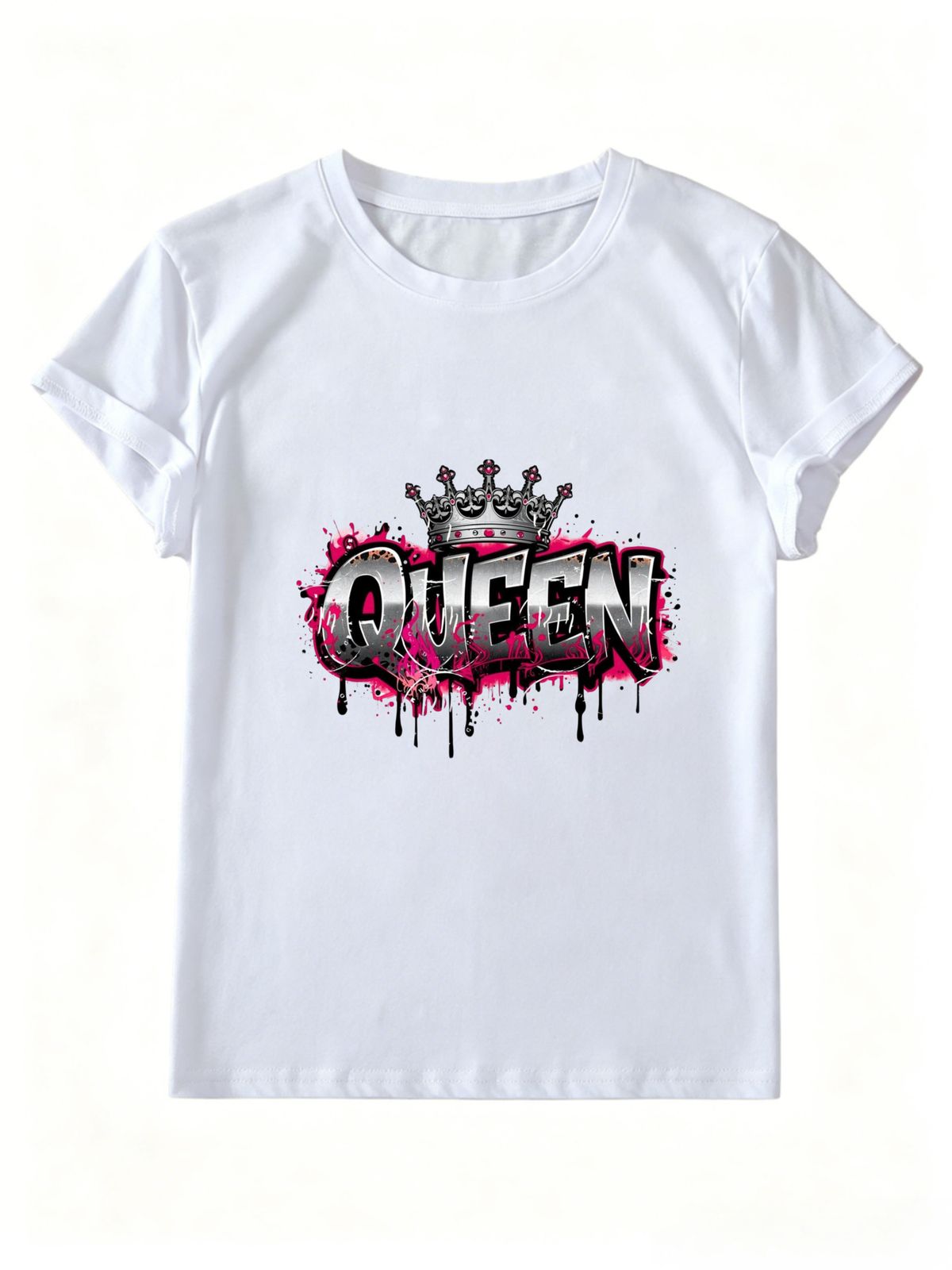 Teen Girls Y2K Coquette Queen Crown Graffiti Graphic T Shirt Pink Drip Paint Streetwear Short Sleeve Crew Neck Summer Tee For Young Women_ecoleips.com