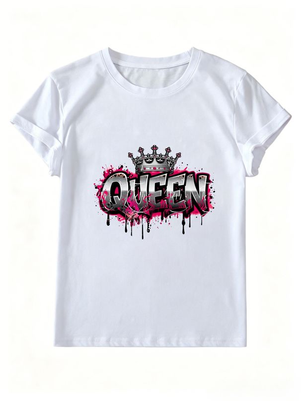 Teen Girls Y2K Coquette Queen Crown Graffiti Graphic T Shirt Pink Drip Paint Streetwear Short Sleeve Crew Neck Summer Tee For Young Women_ecoleips.com