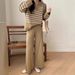 Women's Fashionable Korean Style Two Piece Set Loose Striped Knit Top with Casual High Waisted Wide Leg Pants_ecoleips.com