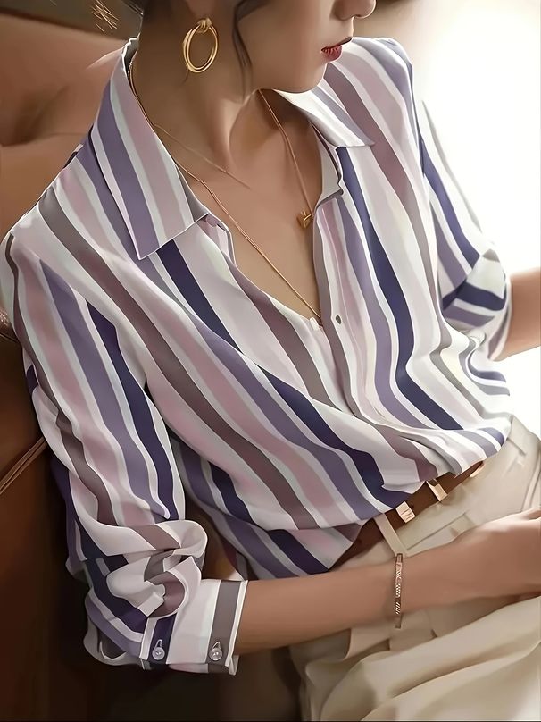 Women's Clothing Contrast Color Temperament Striped Shirt Women Spring And Summer New Niche Retro Lapel Loose And Slim_ecoleips.com