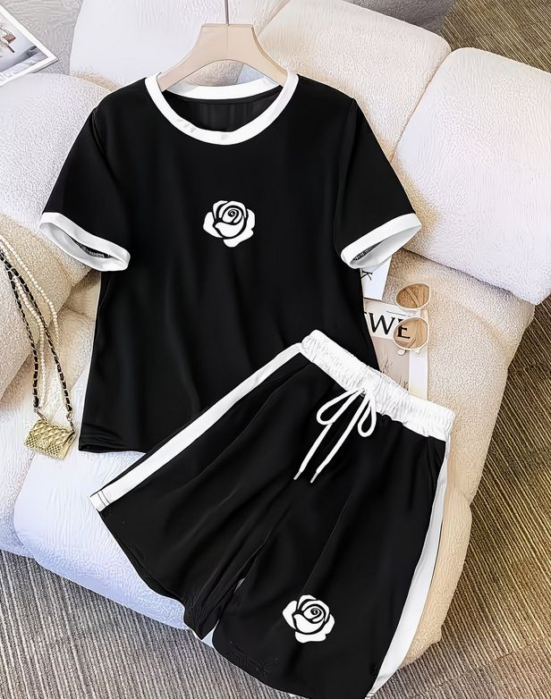 Fashion Women's Loose Rose Print Color Block Two Piece Set Short Sleeve Top And Shorts Casual Comfortable_ecoleips.com