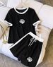 Fashion Women's Loose Rose Print Color Block Two Piece Set Short Sleeve Top And Shorts Casual Comfortable_ecoleips.com
