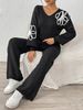 Women's Autumn Winter Casual Outfit Floral Embroidery Ribbon V-Neck Sweater Straight Pants Two-Piece Set_ecoleips.com