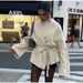 Elegant V-Neck Long-Sleeve Jacket For Women - Oversized Fit, Soft Polyester Blend, 3d Floral Print, Princess Style Lightweight Outerwear (Ivory)_ecoleips.com