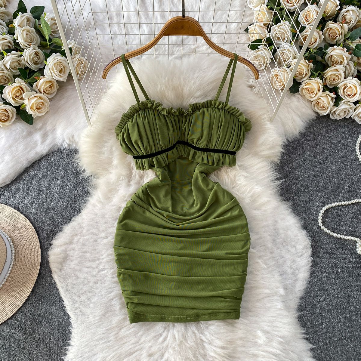 Women's Flirty Ruffled Tube Top Bodycon Mini Dress With Spaghetti Straps For Summer_ecoleips.com