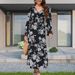 Women's Plus Size Elegant Floral Dress Long Sleeve V‑Neck With Adjustable Tie‑Up Waist‑Cinch Design_ecoleips.com