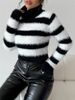 Women's Clothing High Neck Striped Sweater Knit Top Fashionable & Cozy Slim Fit Pullover For Streetwear & Casual Outfits (Black & White Contrast)_ecoleips.com