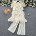Women's Clothing Pleated V Neck Lace Up Waist Lantern Sleeve Top High Waisted Pleated Nine Point Wide Leg Pants_ecoleips.com