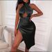 Women's Clothing Satin Halter Neck Cross Backless Slit Dress_ecoleips.com