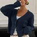"Effortless Korean Cardigan – Women's Chunky Knit Button-Up Sweater (Navy Blue, S-XXL, V-Neck Open Front, Lazy Aesthetic)"_ecoleips.com