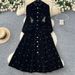 Elegant French Retro Velvet Dress With Embellished Beading, High Neck, Lantern Sleeves, Lace-Up Waist & Flared Hem_ecoleips.com