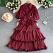 Women's European Style Light Luxury Design Rhinestone Lantern Sleeve Dress Heavy Duty Waist Cinching Slimming Puffy Ruffle Long Skirt_ecoleips.com
