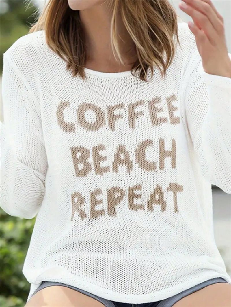 Women's Clothing Round Neck Long Sleeve Side Slit Letter Knitted Sweater Women's Casual Long Sleeve Top_ecoleips.com