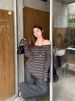 Original Fabric Lazy Style Striped One Shoulder Long Sleeved Women's Early Autumn Loose Slimming T-Shirt Casual Mid_ecoleips.com