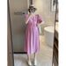 In Stock Maternity Summer Simple Elegant French V-neck Pleated Design Waist Slimming Mid-length Dress_ecoleips.com