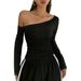 Voya Women's Trendy And Sexy Off Shoulder T-shirt With Spring And Summer Slanted Collar, Carefully Designed Long Sleeved Top_ecoleips.com