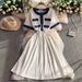 Women's Clothing Contrast Color Denim Stitching Round Neck Short Sleeved Dress With Drawstring Waist And Slim Mid Length Skirt_ecoleips.com