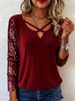 Elegant V-Neck Long Sleeve Blouse With Sequin Accents - Stretch Knit Fabric For Women (Red/Black, S-XXL)_ecoleips.com