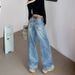 Women's Light Blue Rhinestone Jeans Spring New Arrival Heavy Duty Loose Fit Straight Leg Wide Leg Casual Fashion Office Lady Pants_ecoleips.com