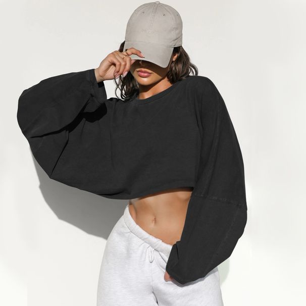 Off-the-shoulder Round-neck Pullover For European Women, Short Style, Sporty Base Layer Shirt With Long Sleeves_ecoleips.com