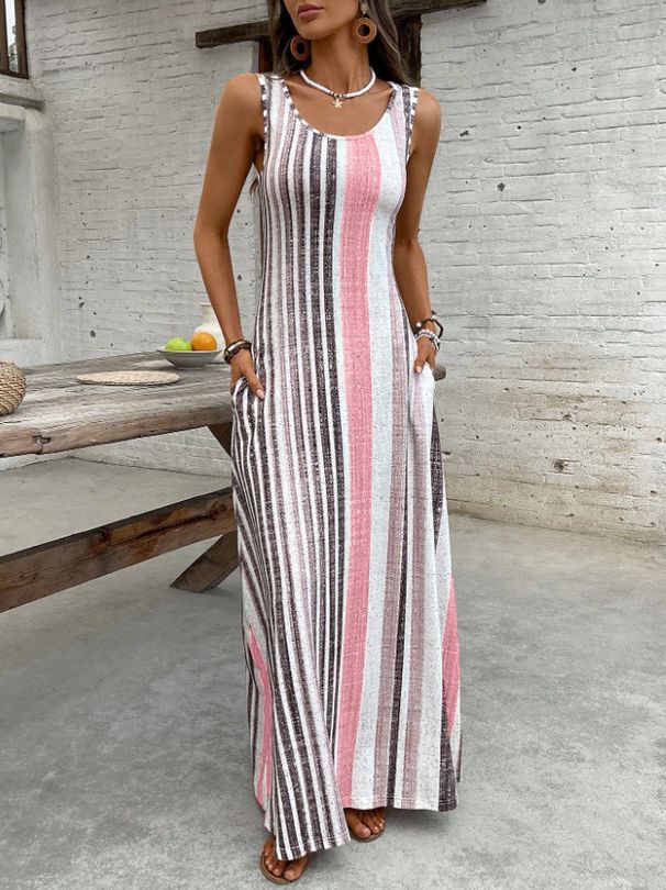 Summer Fashion Women's Sleeveless Long Dress Striped round Neck with Pocket Casual European American Style Spring/Autumn Wear_ecoleips.com