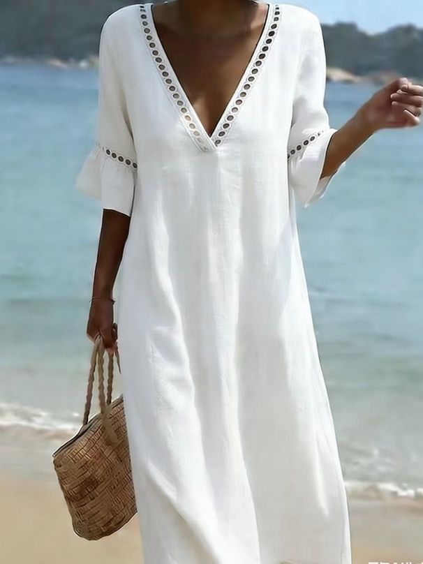 Summer Women's V Neck Dress Solid Color Lace Long Gown American Style Vacation Fashion New_ecoleips.com